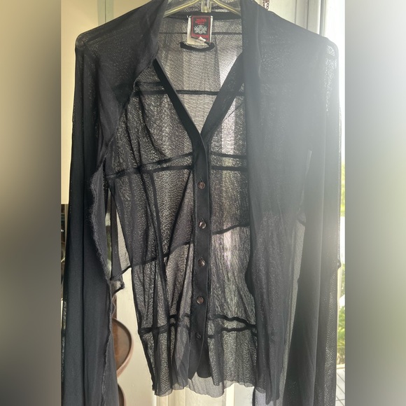 Jean Paul Gaultier mesh button front top wool trimming attached scarf 1990s SM - Picture 3 of 16